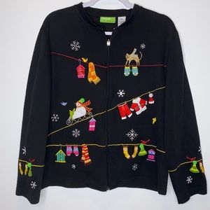 Onque Casuals Ugly Christmas Sweater/Cardigan Zip Front Black Size L